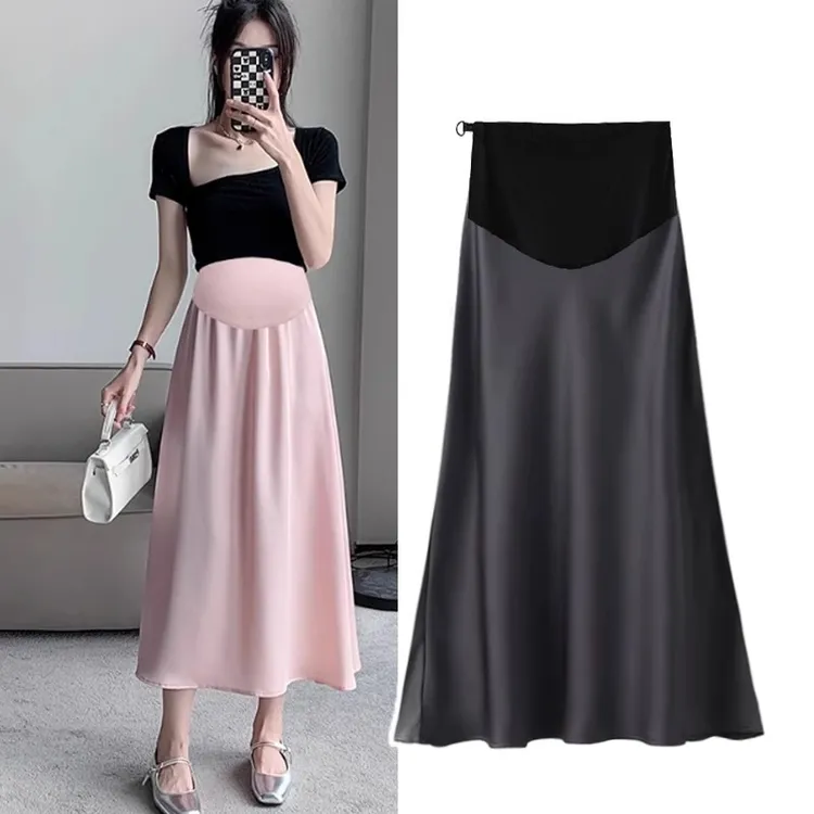 孕妇半身裙夏季纯色垂感丝滑缎面半裙百搭显瘦中长款托腹A字裙子