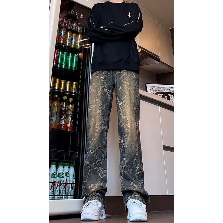 美式复古提花牛仔裤男款潮牌痞帅青少年裤子hiphop直筒修身微喇裤