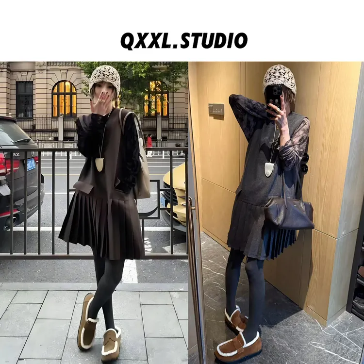 邱小小丽呀 秋冬新款韩系无袖背心连衣裙女百搭减龄显气质百褶裙