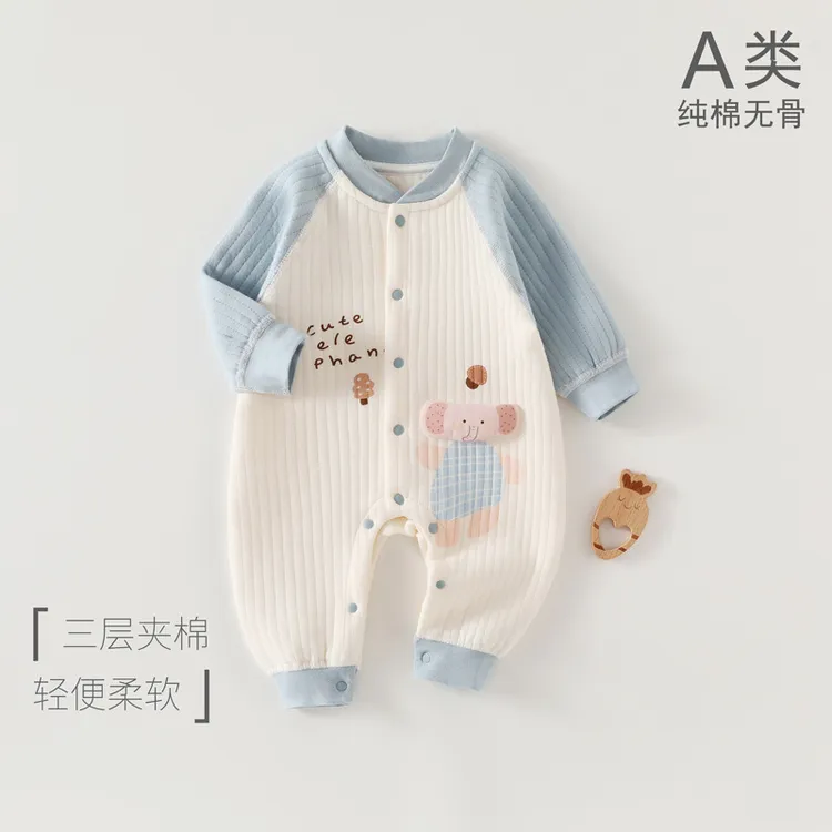 婴儿保暖连体衣秋冬季纯棉空气棉加棉哈衣加厚小宝宝三层夹棉内衣