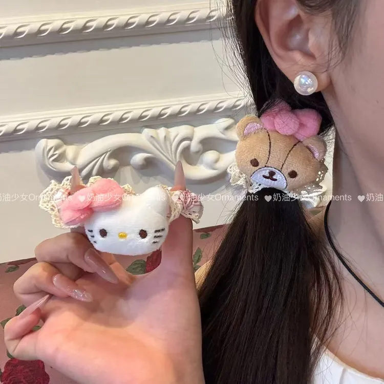 可爱KT小熊蝴蝶结蕾丝百搭发绳发圈高马尾发圈甜美可爱温柔