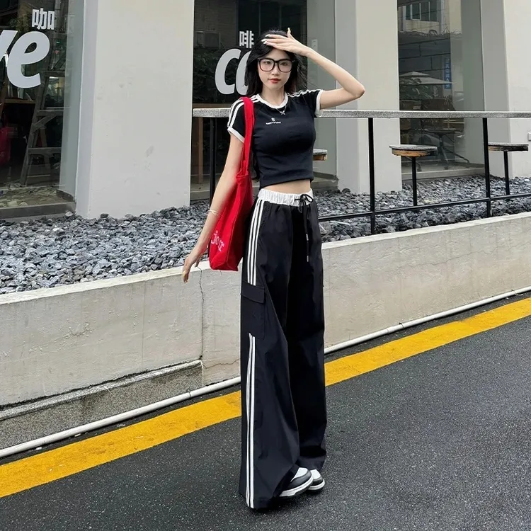 显瘦工装裤女夏季薄款美式复古侧边条纹阔腿裤直筒垂感休闲拖地裤