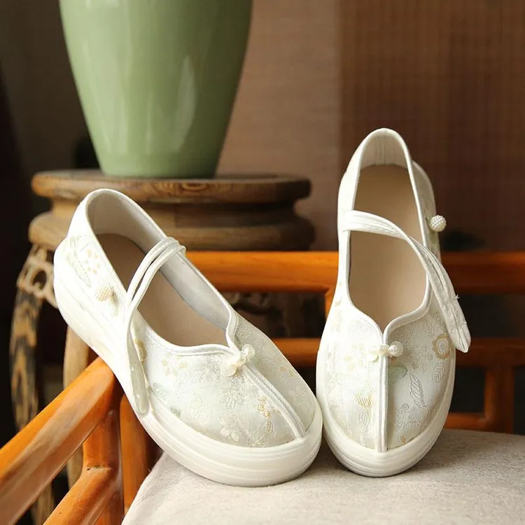新中式国风玛丽珍厚底鞋古风汉服鞋女民族风绣花布鞋珍珠素雅单鞋
