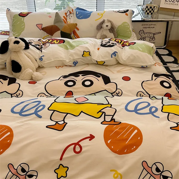 卡通蜡笔小新水洗棉床单绿被套床上用品四件套学生宿舍单人三件套