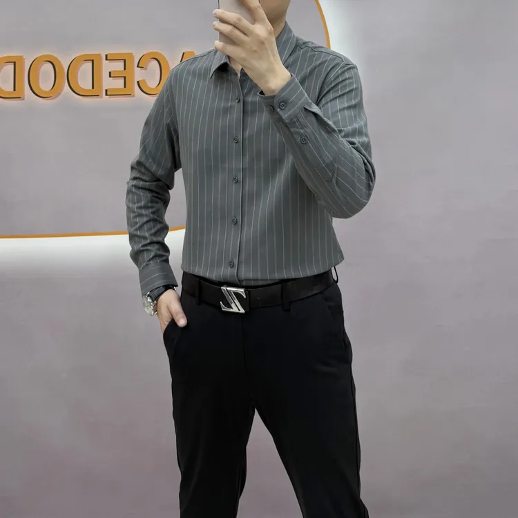 衬衣商务休闲秋季长袖常规简约男士男衬衫经典休闲条纹轻奢舒适
