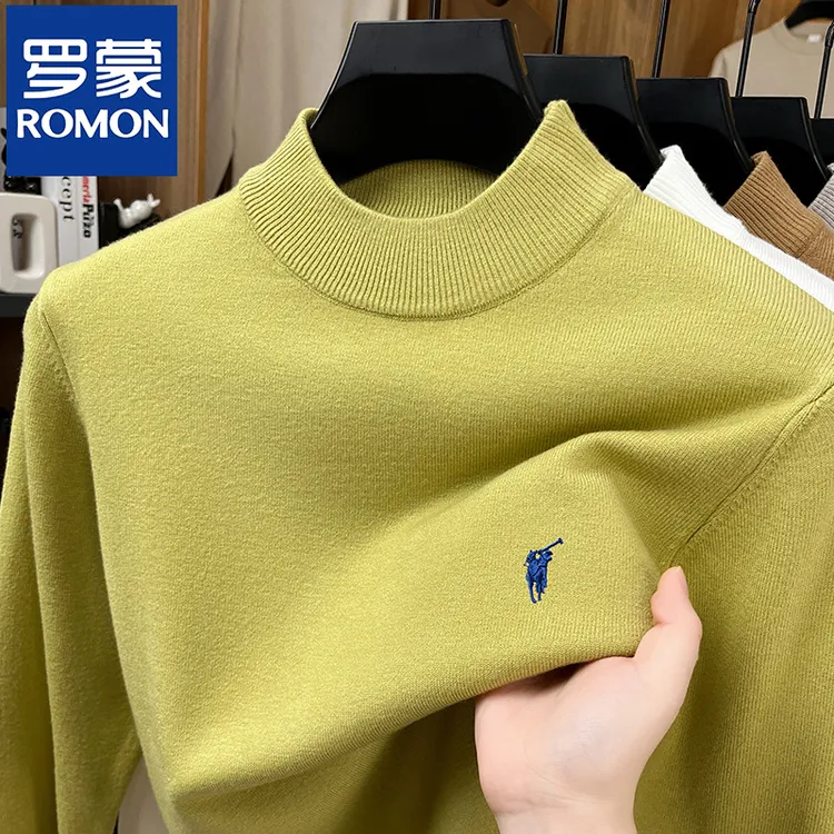 罗蒙秋冬季半高领加厚毛衣男士亲肤保暖打底衫纯色简约新款针织衫