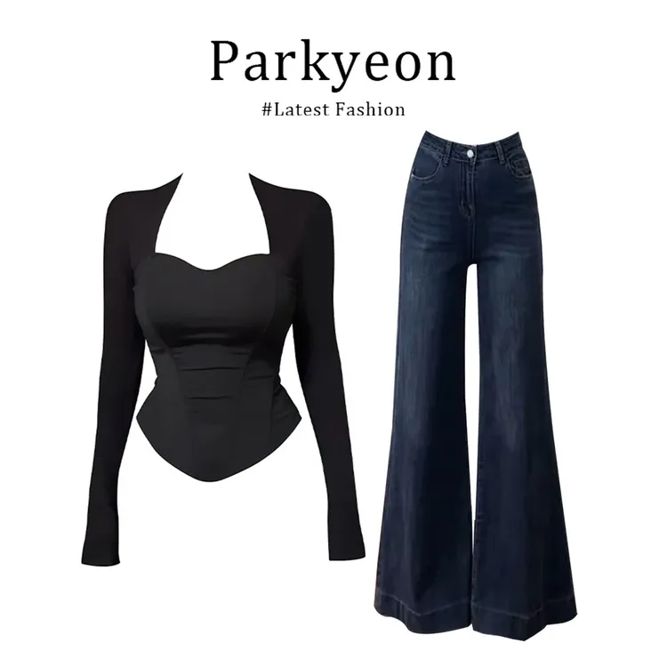 MARIE.COCO御姐风黑色掐腰显瘦辣妹上衣高腰修身微喇牛仔裤套装女