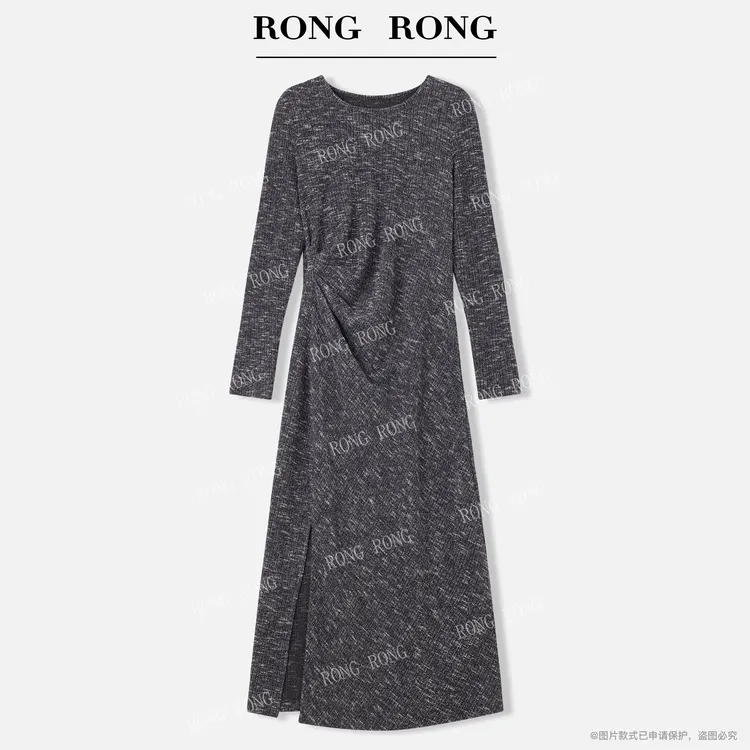 溶溶【流光画蓝】RONGRONG 圆领定制纹理褶皱休闲优雅风连衣裙JS603
