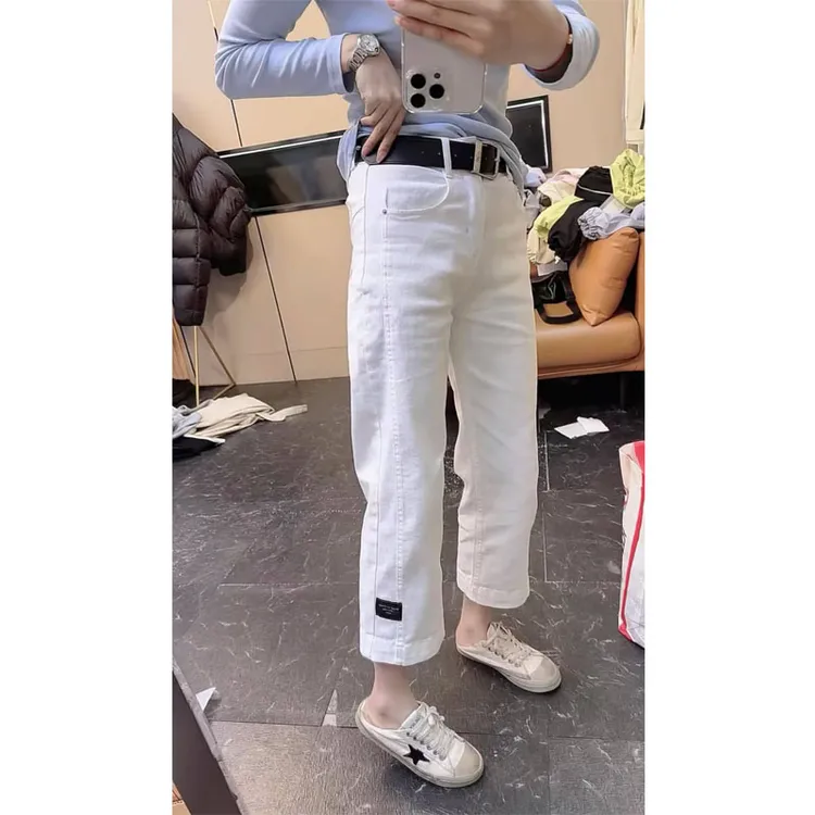 艾塔莉白色牛仔裤女春季新款胖mm百搭大码八分裤显瘦直筒裤小个子