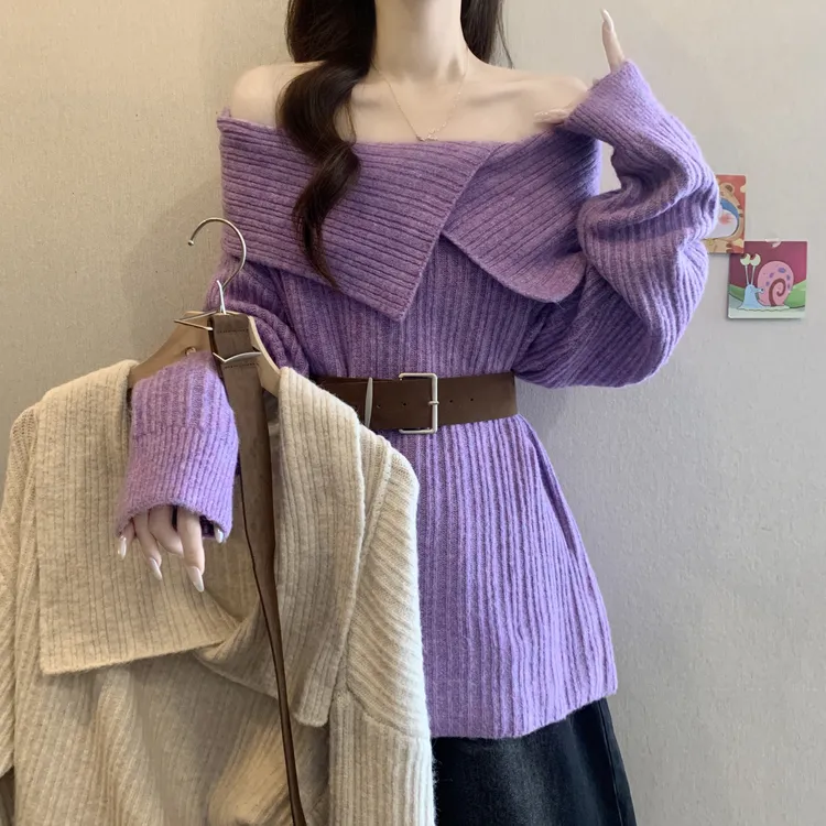 一字肩翻领毛衣上衣女秋冬新款大码胖mm中长款收腰遮肚长袖针织衫