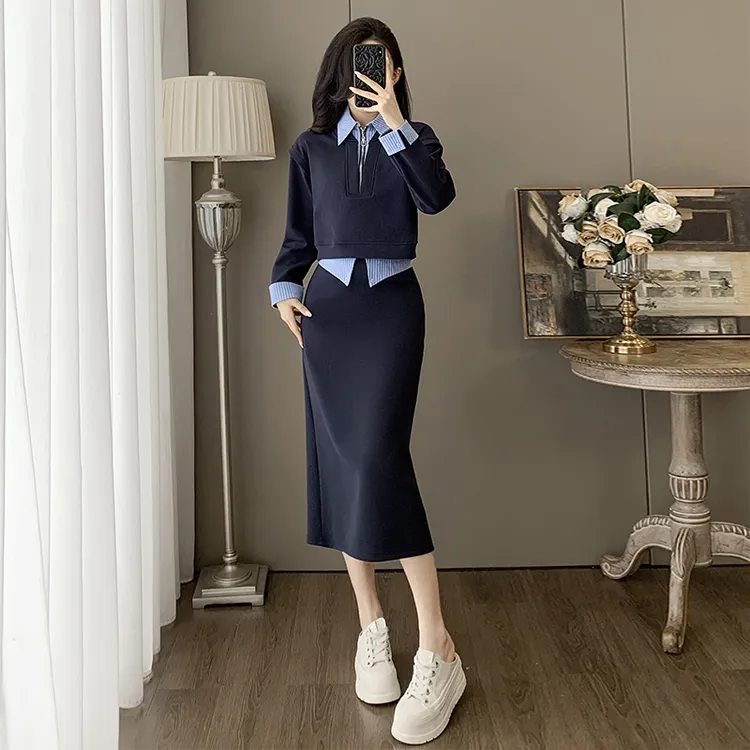欧货运动套装女秋2025新款时尚洋气衬衫领假两件卫衣半身裙两件套