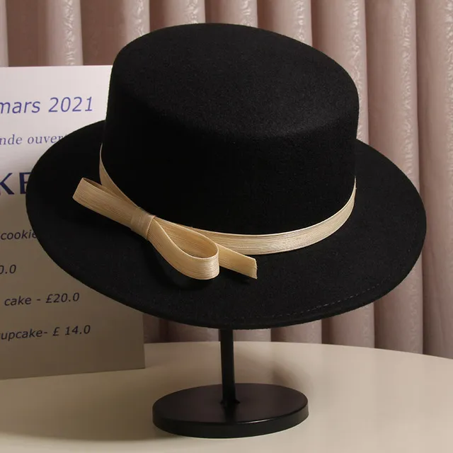 法式丝麻蝴蝶结羊毛呢平顶帽女秋冬赫本风覆古平沿礼帽百搭爵士帽