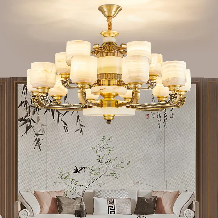 新中式吊灯全铜玉石吊灯挑空别墅大吊灯实心铜灯臂加粗天然玉石灯