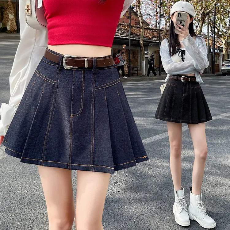 学院风天丝牛仔百褶短裙女2025春款小个子减龄百搭a字休闲半身裙