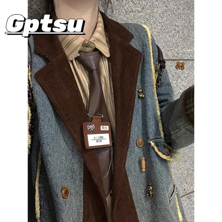 GPTSu复古港式灯芯绒拼接牛仔式2025春秋高端设计小众西装上衣服