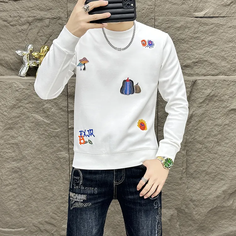 2025新款男士高端爆款上衣流行白色加绒卫衣男款潮牌秋冬款打底衫