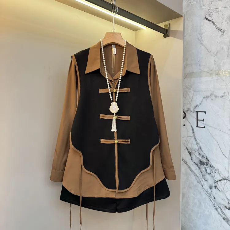 秋季款国风盘扣设计气质不规则马甲设计宽松时尚百搭短裤套装6692