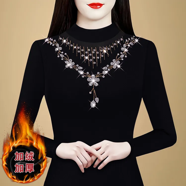 冬季女加厚加绒半高领上衣时尚秋冬季百搭洋气蕾丝打底衫T恤内衣