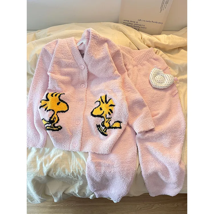 韩版纯欲风甜粉色可爱印花针织半边绒睡衣女秋冬加厚保暖开衫套装