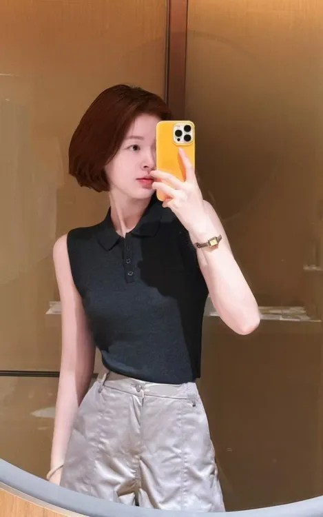 2025夏季新款法式polo领黑色针织背心百搭简约休闲短裤两件套装
