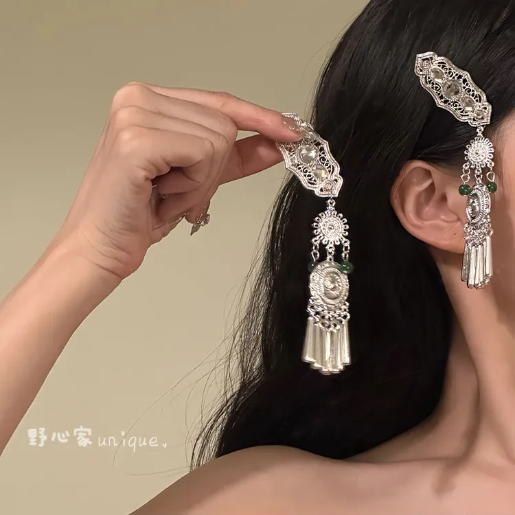 一步一响~复古仿苗小众民族风女银色流苏发夹新中式设计感发饰