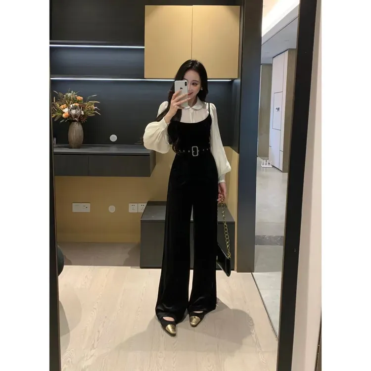 XINYI【高知文学】冬季天丝衬衫+吊带丝绒连体裤套装女X625A22076