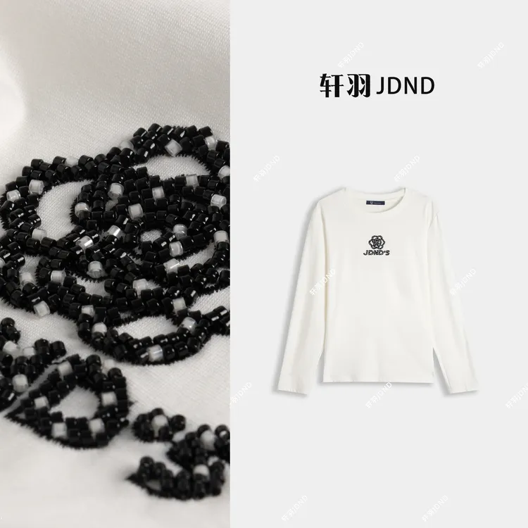 JDND轩羽【加厚山茶花】加厚加绒重工钉珠休闲百搭T恤上衣XY25776