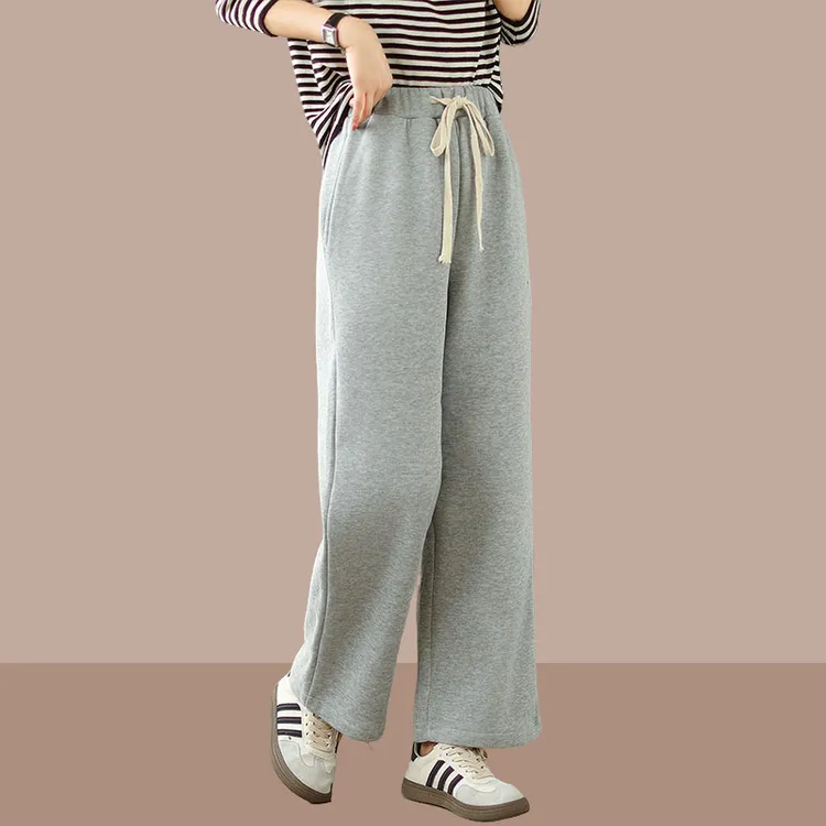 2025秋冬季新款针织加绒休闲裤松紧系带腰冬季加绒保暖长阔腿裤子