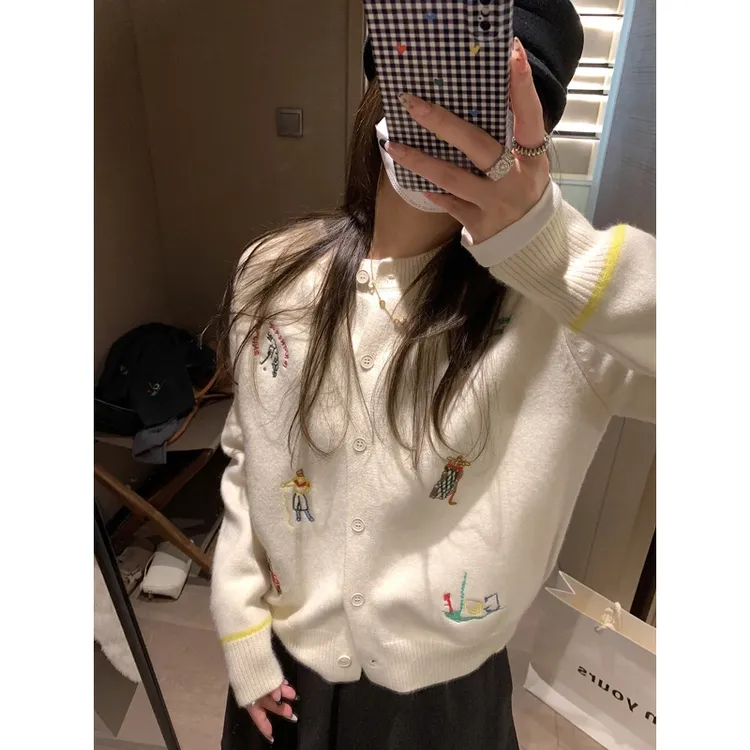 韩版气质撞色刺绣圆领针织衫开衫毛衣外套女打底叠穿上衣小香风
