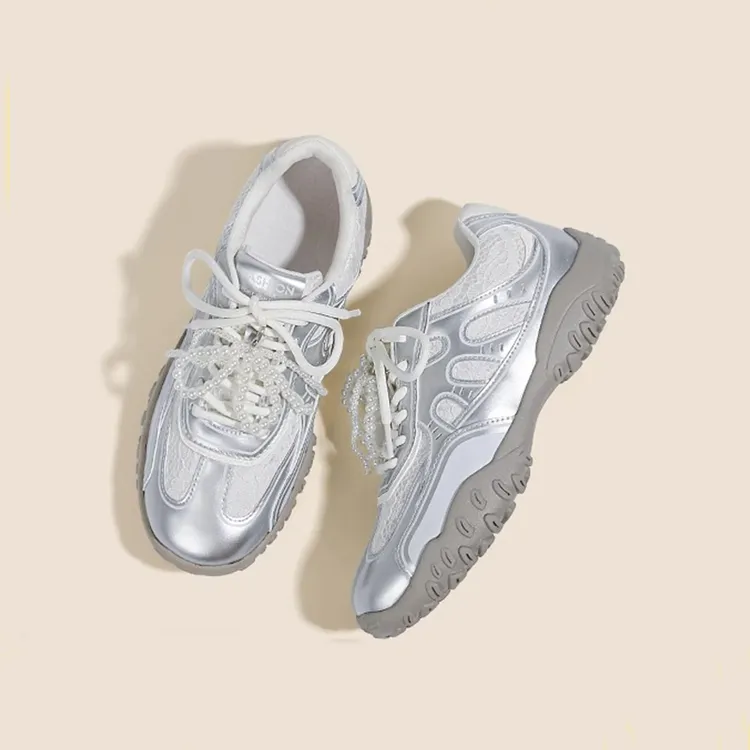 内增高厚底德训鞋女2025新款春夏季银色网面休闲运动小白鞋阿甘鞋