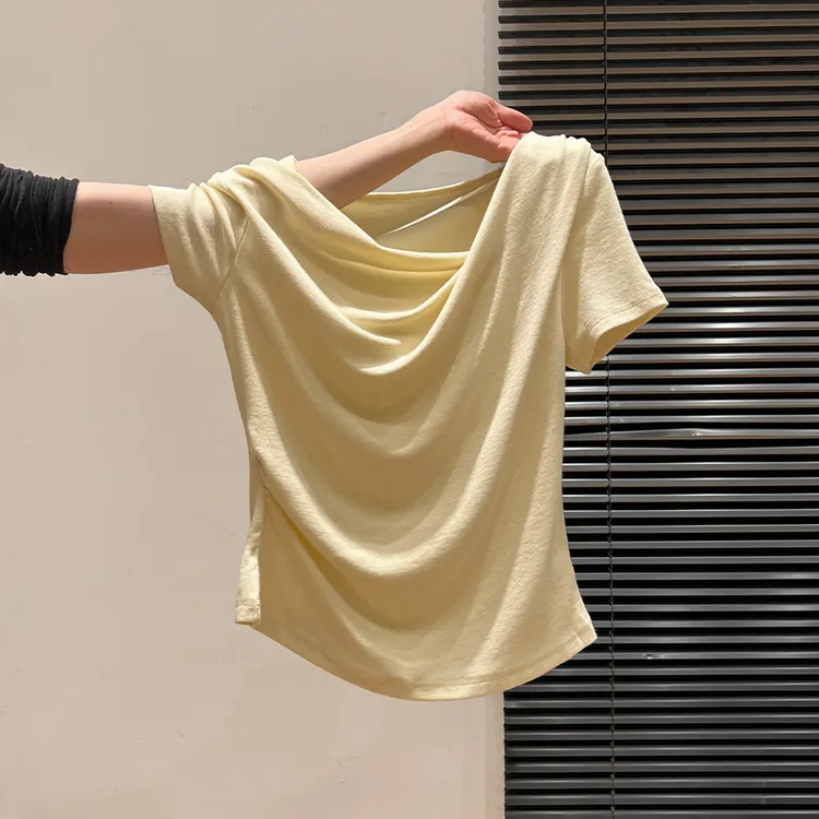 欧若风一字肩短袖T恤女夏季甜辣设计感褶皱修身收腰减龄小众上衣