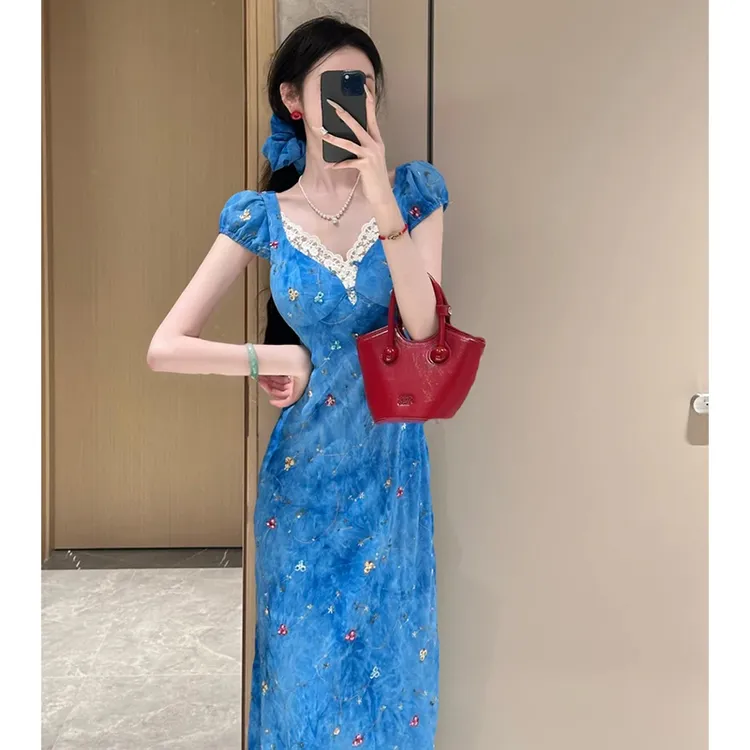 2025夏季新款蓝调蓝色气质长裙雪纺扎染修身连衣裙古风女装夏天