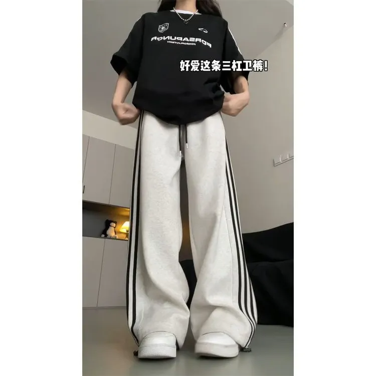 黑色运动裤男女童春秋2025款宽松休闲美式阔腿三条杠条纹裤子