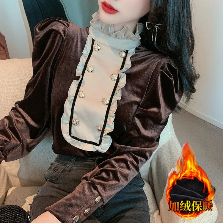 法式丝绒长袖衬衫女设计感小众秋冬新款复古宫廷风打底衫女上衣