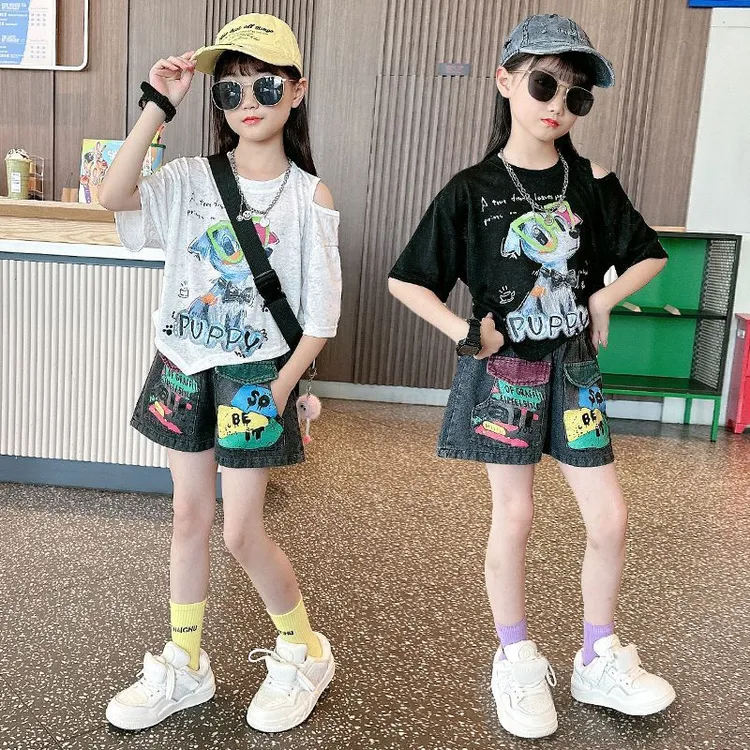 女童夏装潮套装2025新款时髦儿童装短袖牛仔短裤两件套夏季街舞服