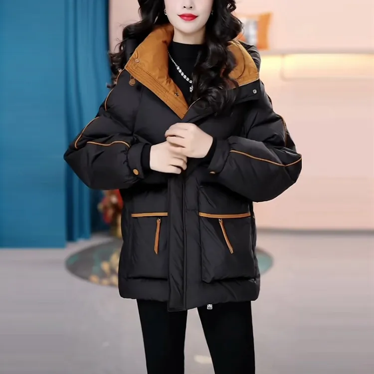 免洗保暖羽绒服女士2025冬季新款黑色显瘦时尚连帽加厚白鸭绒外套