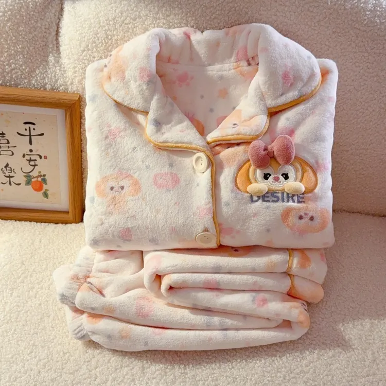 【珊瑚绒睡衣】卡通黄油饼饼女童冬季加厚保暖翻领女孩中大童家居服