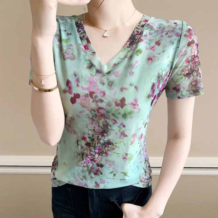 印花时髦女人味网红网纱短袖女爆款2025新款洋气衣服半袖花色t恤
