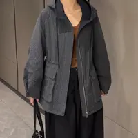 〔格子连帽风衣外套〕韩货中长款格子收腰连帽风衣外套