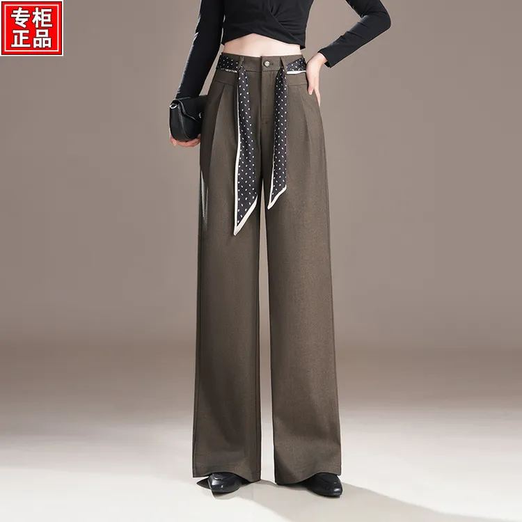 哥弟阿玛施正品醋酸天丝羊毛阔腿裤女2025秋季新款高腰抗皱直筒裤