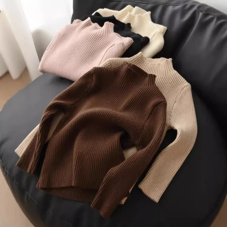 儿童纯色毛衣 坑条弹力针织衫女童半高领打底衫中大童 秋冬款童装