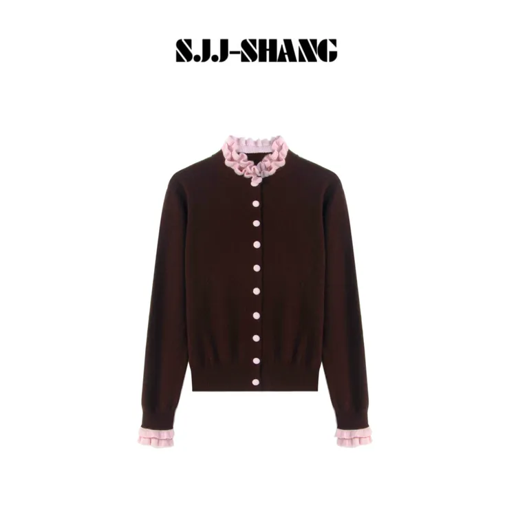 SJJ-SHANG【柔序】拼色木耳边设计轻奢时尚羊毛针织开衫q135768p