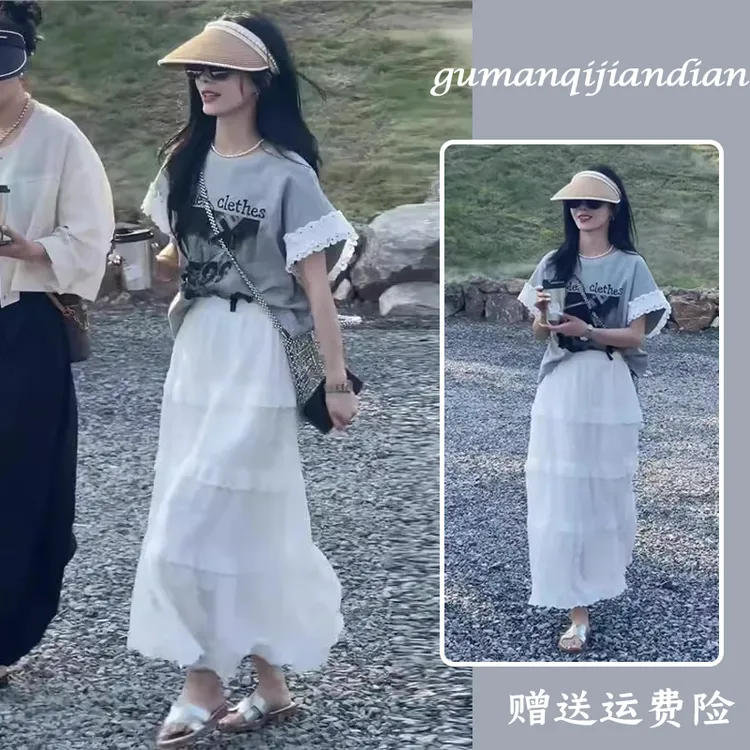 夏装搭配一整套韩系印花蕾丝花边拼接上衣蛋糕裙减龄洋气时尚套装