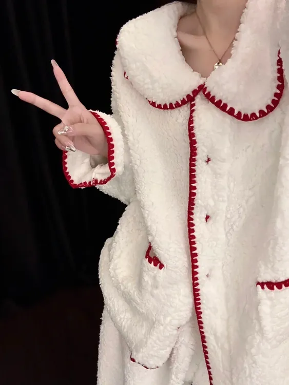 【撞色毛绒】甜美少女珊瑚绒睡衣冬季新款2025加绒加厚家居服套装