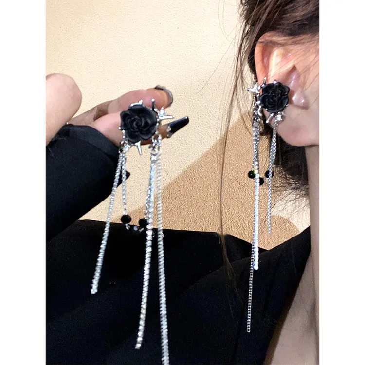 铜合金合成锆石耳饰 荆棘玫瑰流苏耳夹无耳洞女耳饰气质辣妹耳环