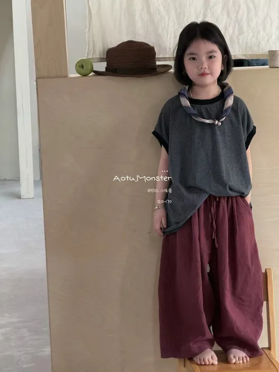 新款夏季男女童日韩系原木红麻裤宽松