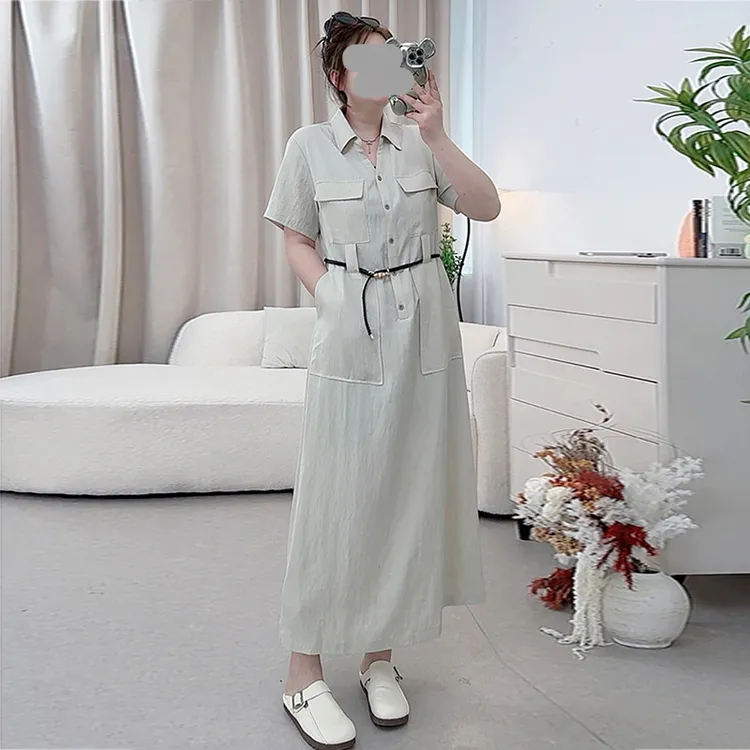 大码女装胖mm夏季新款法式设计感复古时尚工装裙气质长款连衣裙