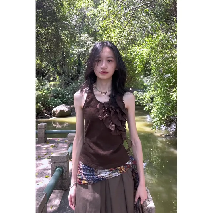 美拉德风小众女装荷叶边无袖吊带背心女高腰垂感休闲裤阔腿拖地裤
