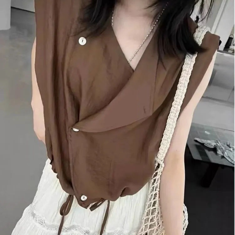 不规则无袖衬衫夏季新款韩版宽松时尚下摆抽绳短款上衣背心 1753