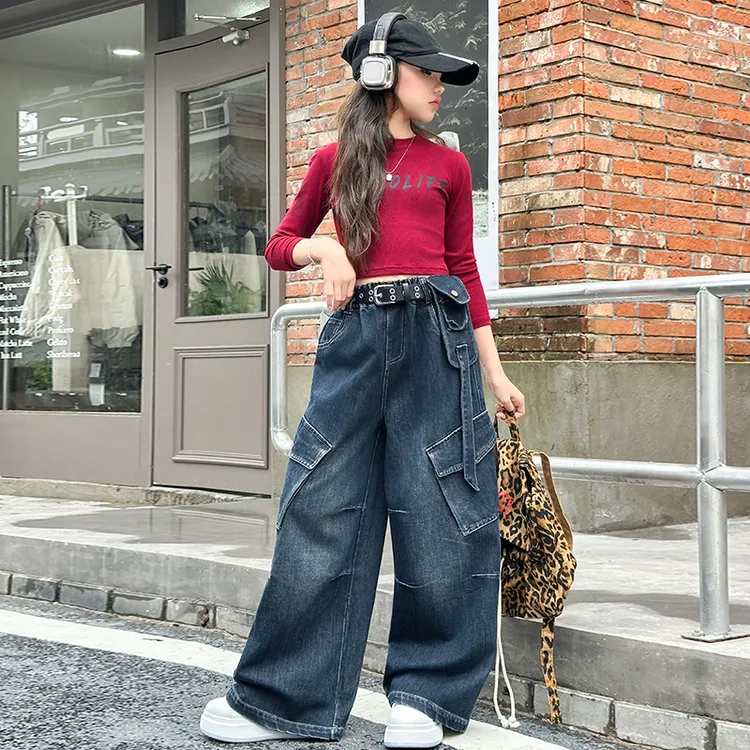 女童春秋款牛仔工装裤韩版儿童韩版洋气初中生女孩时髦百搭阔腿裤